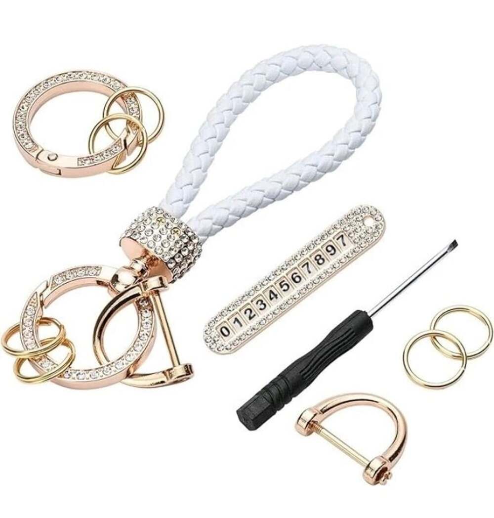 Anti-Lost Car Keychain with Braided Leather Strap Rhinestone Bling D-Shaped Ring